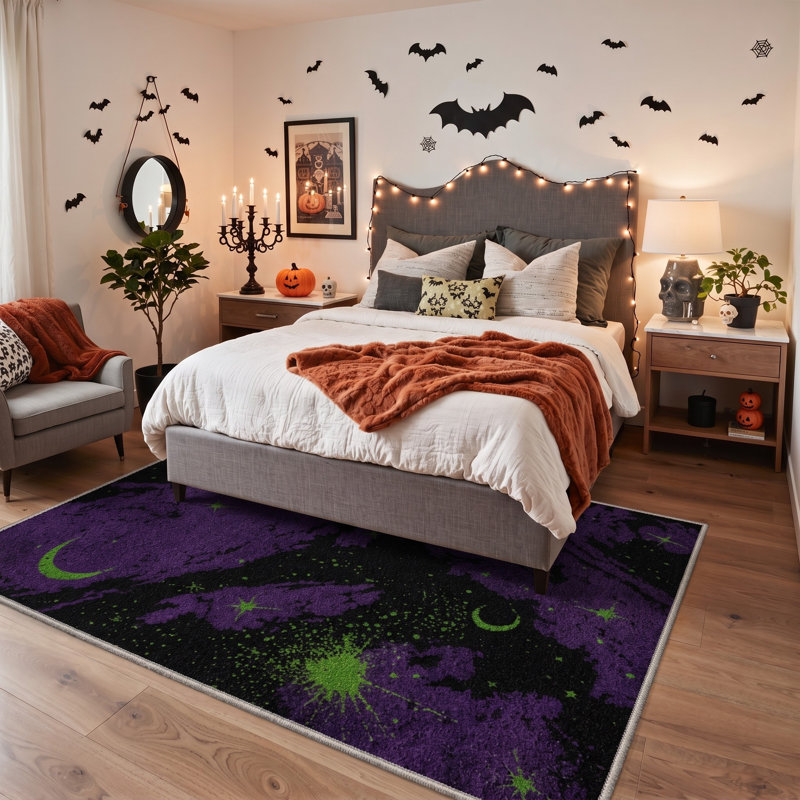 Tapis d'Halloween à motifs d'éclaboussures, noir et orange, lavable à la machine, à poils courts, antidérapant