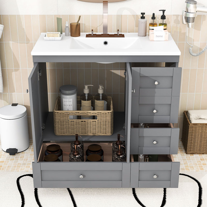 Meuble-lavabo autoportant simple en bois avec comptoir d'évier, portes à fermeture douce et rangement Callahand, Gris