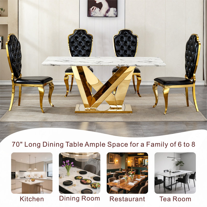 Table de salle à manger en marbre pour 6 personnes, table de salle à manger rectangulaire en faux marbre 70 po avec base en acier inoxydable à finition miroir, table de cuisine moderne en marbre de grande taille (SEULEMENT TABLE)