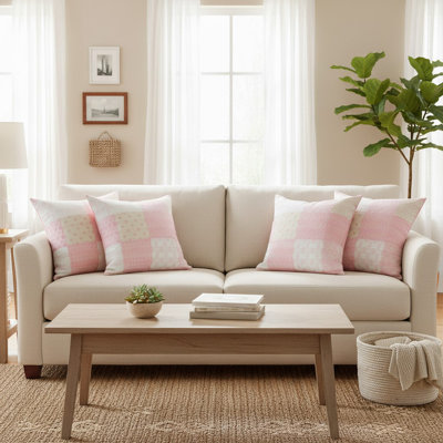 Pink Block Print Cotton Throw Pillow Cover Set of 4