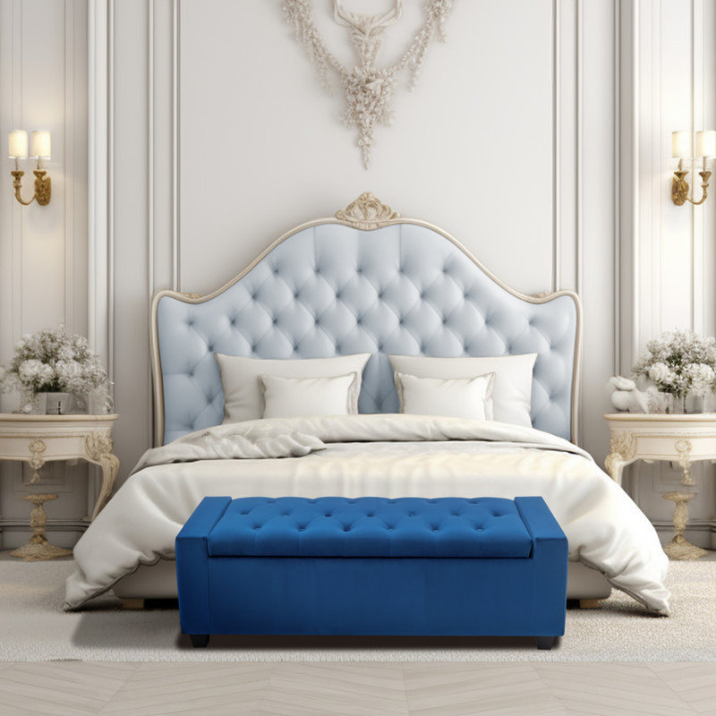 Banc de rangement rembourré en velours Muneeb, Bleu