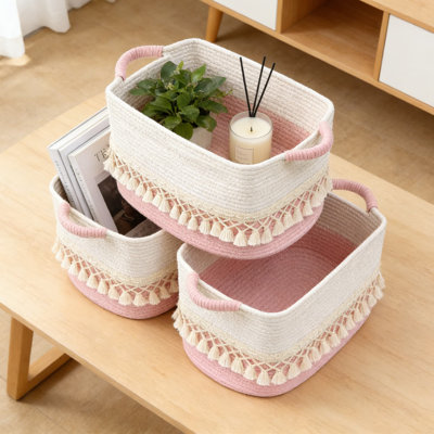 Cotton Rope Storage Baskets With Tassel, 3-Pack Woven Organizer Bins For Shelves, Heavy-Duty Decorative Storage For Home Organization, Laundry, Toys, And Clutter