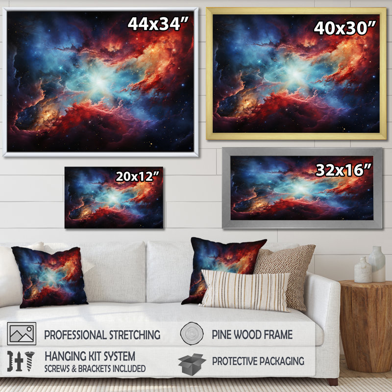 Rêve galaxie astronomique orange bleu sur toile, Encadrement doré, H 34 po x l 44 po x P 1,5 po