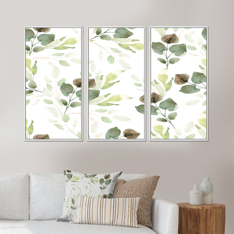 Feuilles vertes sur fond blanc - ensemble de 3 toiles encadrées, Cadre blanc, H 32 po x l 48 po x P 1 po
