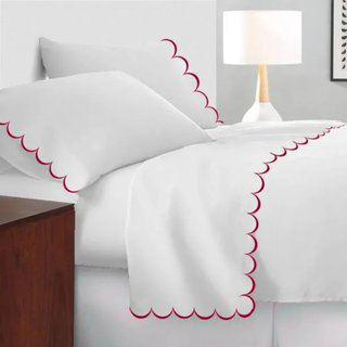 Allena 400TC Cotton Scallop Embroidery Sateen Cotton 4 Piece Sheet Set Fitted Sheet Fits Upto 16" Deep Pocket, King Sheet Set