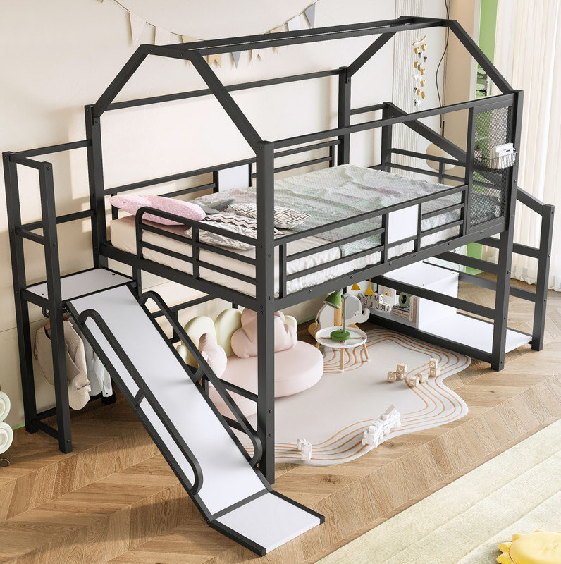 Lit mezzanine double avec glissade et escalier, lit de jeu en métal avec tablettes de rangement, toit en forme de maison et conception silencieuse, noir