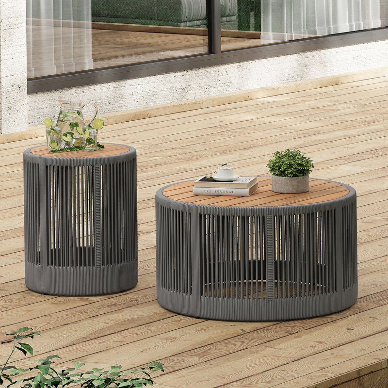 Ensemble de table rustique industrielle de 2, table basse et table d'appoint avec design en corde tissée, ensemble de table moderne et fonctionnel pour le salon et la maison - gris corde