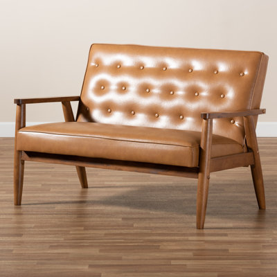 Causeuse Kellar de 49,4 po avec accoudoirs carrés, similicuir brun clair, H 33,3 po x l 49,4 po x P 29,7 po