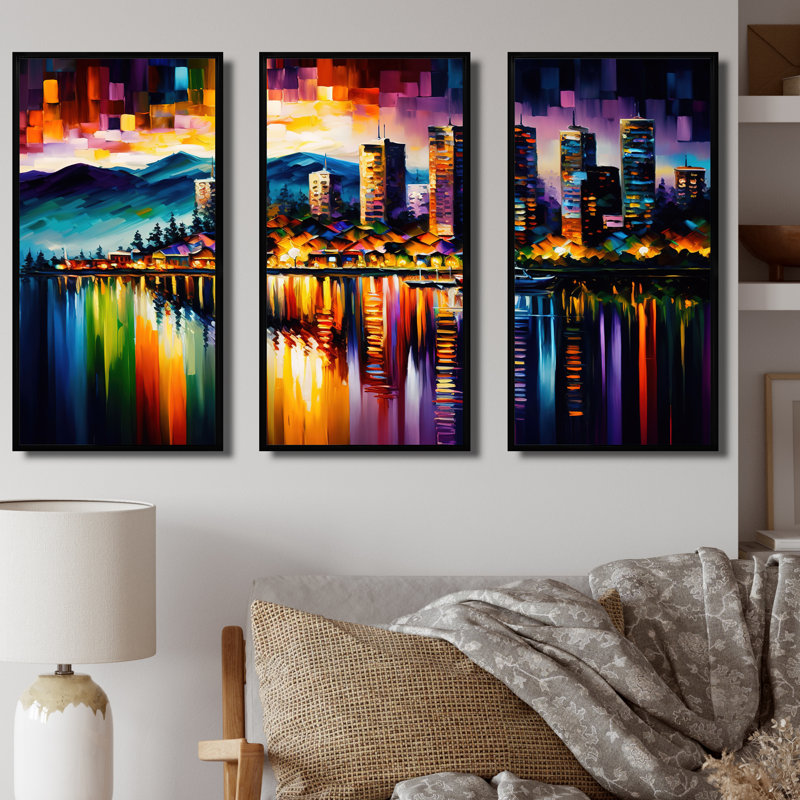 «Colorful City In Vancouver III», reproduction sur toile 3 pièces, Cadre noir, H 28 po x l 36 po x P 1 po