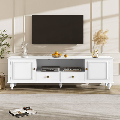 Meuble télé 70,9 po pour téléviseur de 70 po ou moins, meuble télé avec compartiment ouvert, meuble télé avec 2 tiroirs, 2 armoires et 5 pieds solides pour le salon