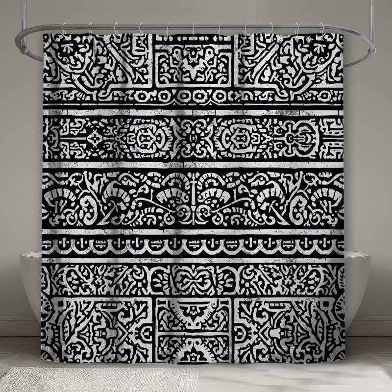 Rideau de douche noir et blanc à motif orné très long, L 70 po x H 72 po
