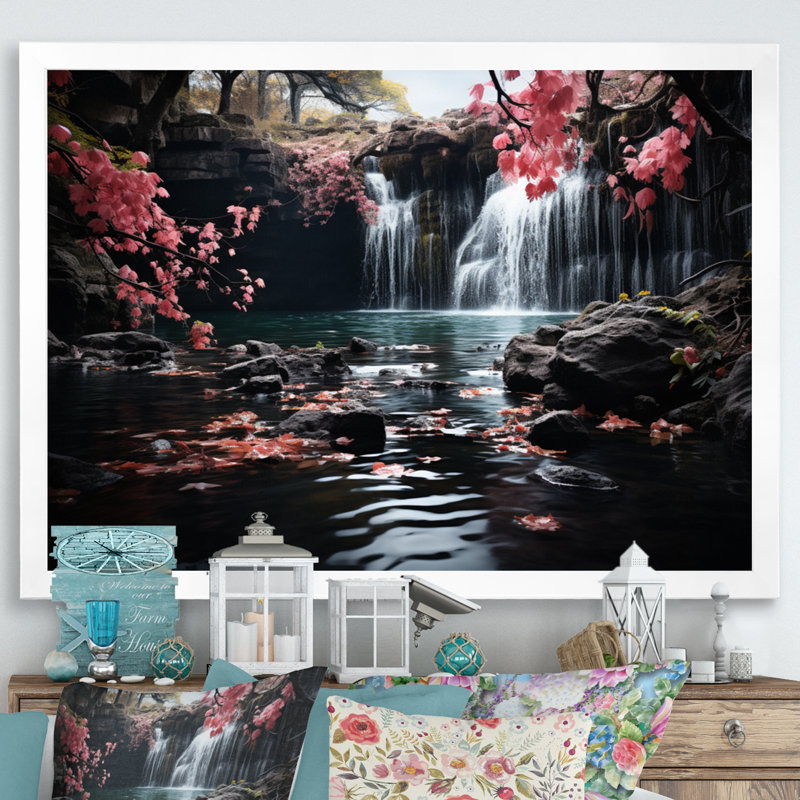 «Peach Tree Waterfall Natures Elegance II», reproduction sur toile, Cadre simple blanc, H 30 po x l 40 po x P 1,5 po
