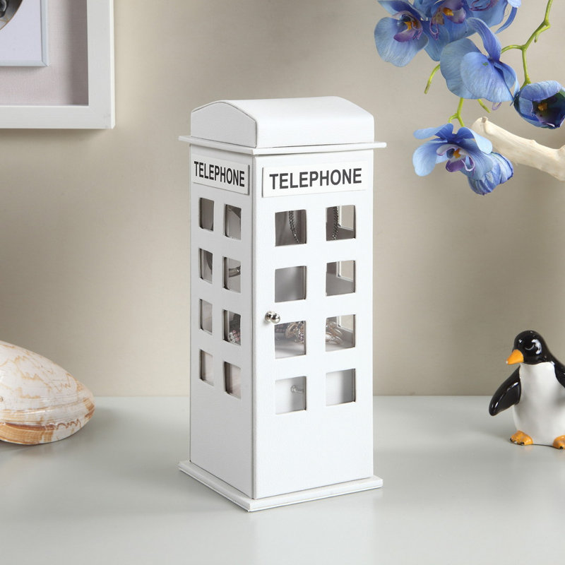 Grande boîte à bijoux en cuir 11,5 po, conception de téléphone britannique, Blanc