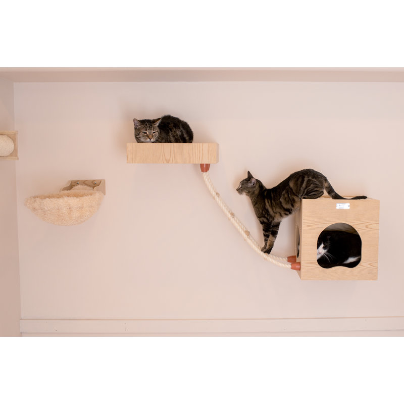 Natural Wood Wall-Mounted Cat Tree with Condo and Perch