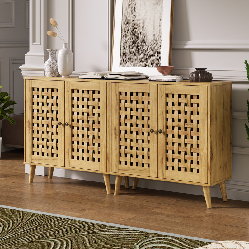 Vintage Storage Cabinet With 2 Basket Weave Wooden Doors Set Of 2