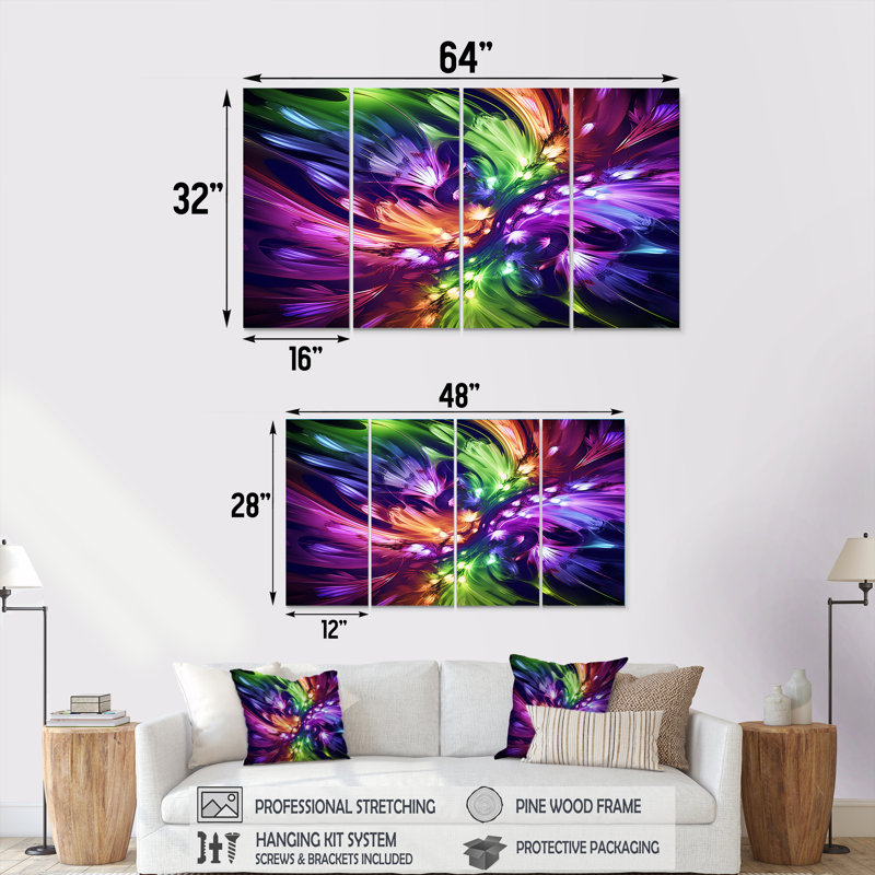 Mauve et vert fractal Fusion IV - ensemble d'art mural abstrait 4 pièces, H 28 po x l 48 po