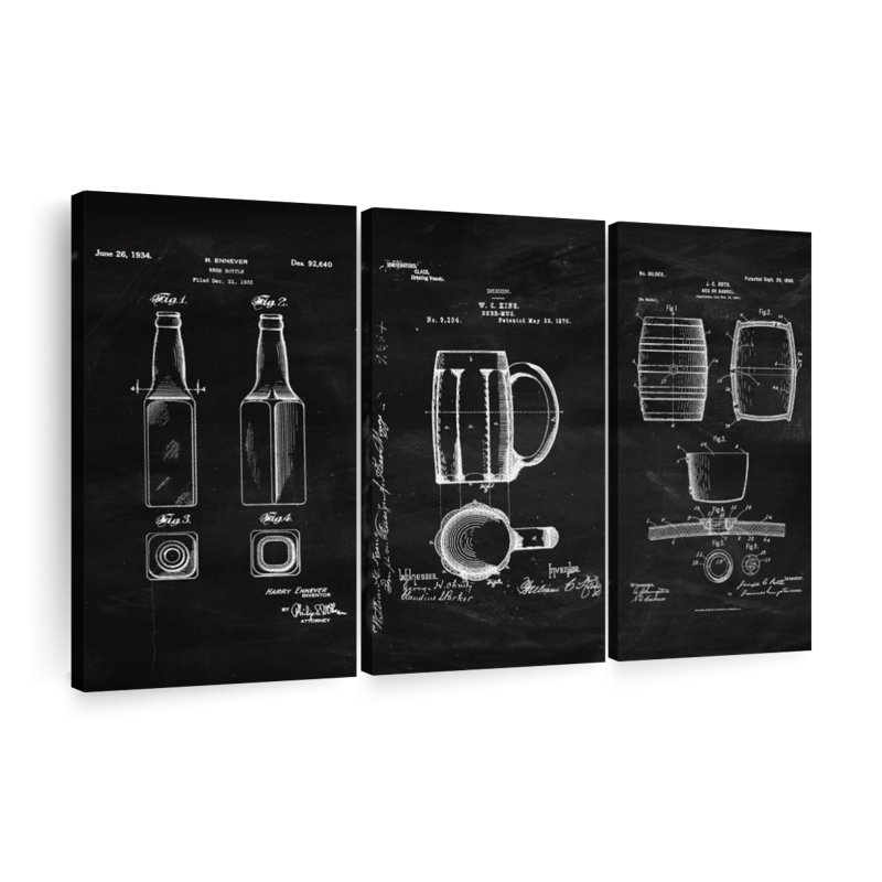 «Beer Compilation BW Brevet», ensemble de 3 toiles tendues, H 36 po x l 57 po x P 1,25 po