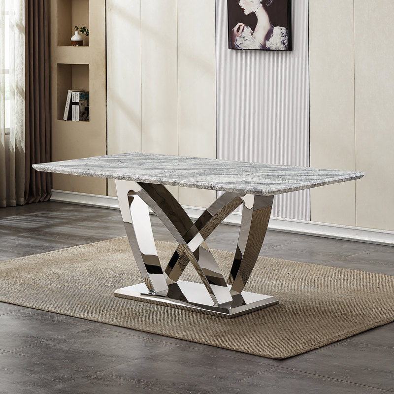 Table de salle à manger en marbre pour 6 personnes, table de salle à manger rectangulaire en faux marbre 70 po avec base en acier inoxydable à finition miroir, table de cuisine moderne en marbre de grande taille (argent, gris)