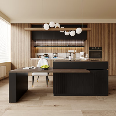 Îlot de cuisine 64 po à 114 po avec plateau en bois manufacturé, bar à vin, 3 armoires de rangement et tiroirs pour cuisines à aire ouverte