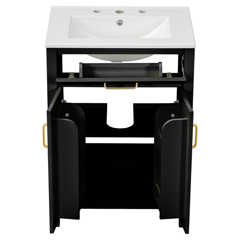 Compact Size Bathroom Vanity - Space-Saving Storage Cabinet With Ceramic Sink Combo And 2 Soft Close Doors - Black