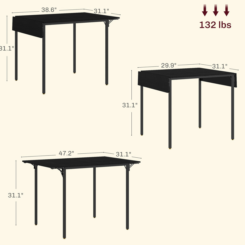 Table industrielle pliante, option d'économie d'espace noire pour 2 à 4 personnes, et abattant polyvalent 4