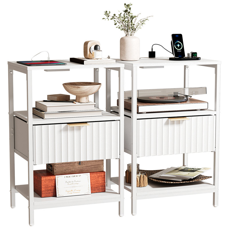 Table de chevet 15 po de largeur - 1 tiroir, 2 tablettes, prise de courant US - ensemble de 2, Blanc
