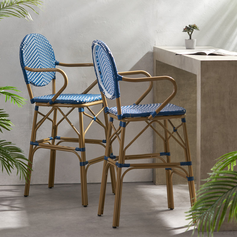 Ensemble de 2 tabourets de bar d'extérieur en osier et aluminium 29,5 po, finition bambou