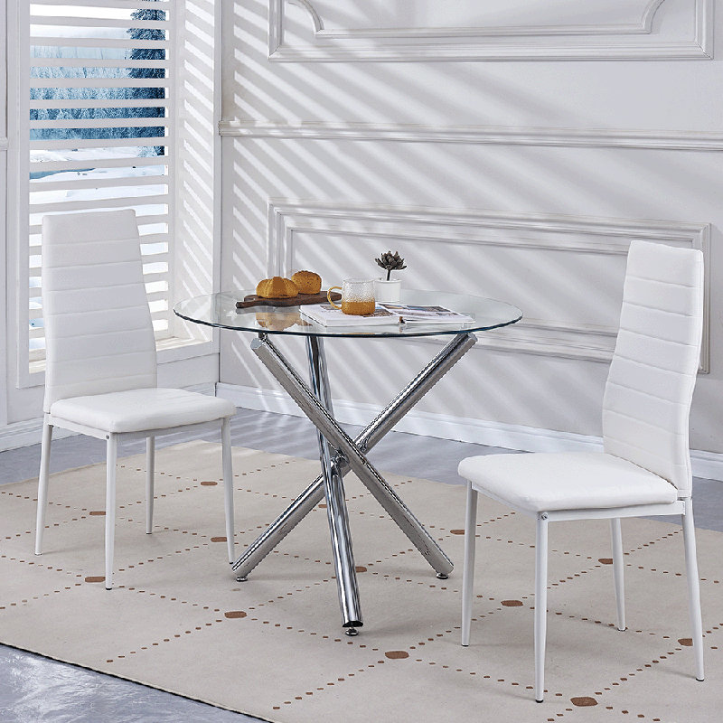 Ensemble de salle à manger rond 3 pièces, ensemble de 2 chaises de table pour la cuisine et la salle à manger, coin-repas, plateau de table en verre, argent / blanc
