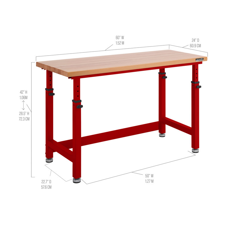 Seville Classics UltraHD Adjustable Height Workbench, 60" W x 24" D x 28.5" - 42" H, Red