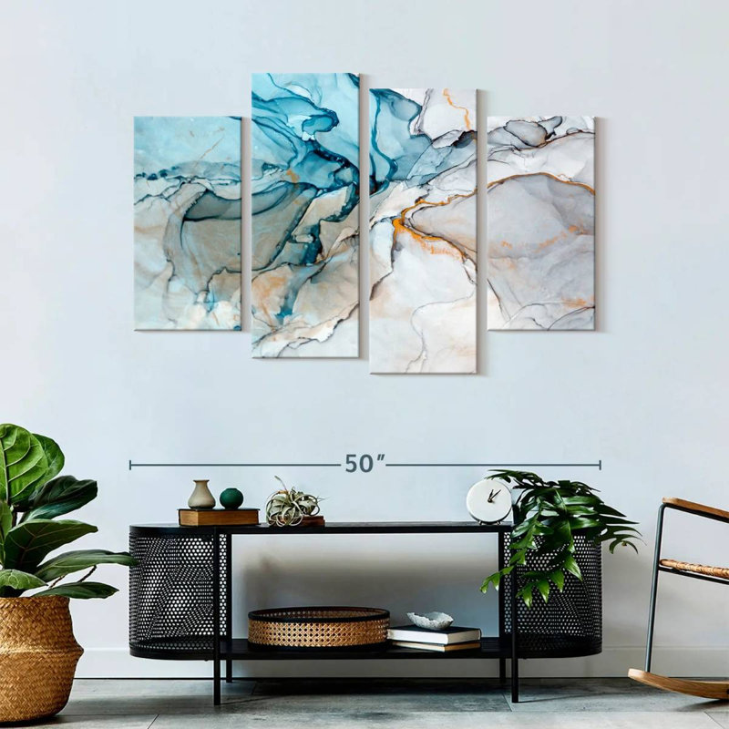 Abstract Blue Liquid Marble Abstract Wall Art On Canvas 4 Pieces Print, 52" H x 32" W x 1.25" D