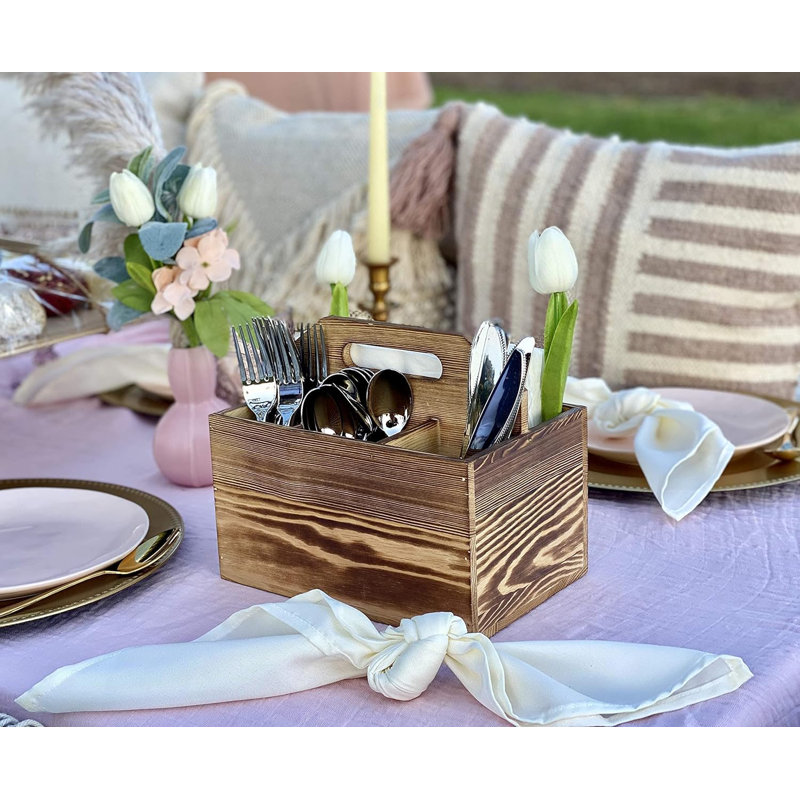 Utensil And Napkin Holder Flatware Caddy With Handle In Rustic Wood For Forks, Spoons And Knives, Silverware Organizer