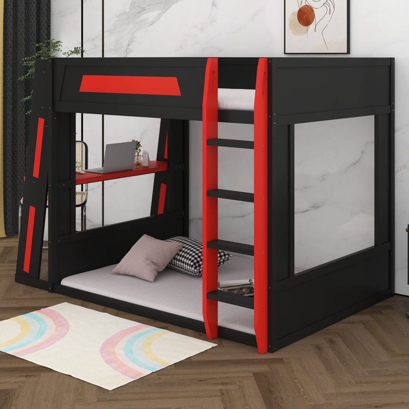Lit superposé double en bois pleine grandeur avec bureau, deux tablettes de rangement, lumière USB et DEL, lit mezzanine robuste pour les joueurs et les petits espaces