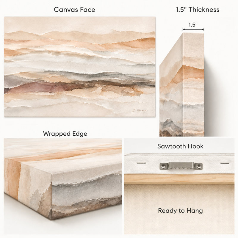Tableau panoramique sur toile tendue, aux tons neutres chauds, représentant des montagnes superposées