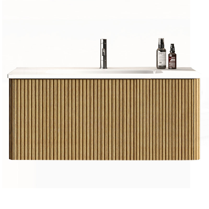 Meuble-lavabo rayé en chêne naturel avec lavabo en céramique blanche, conception flottante murale pour salle de bain moderne, pré-assemblé