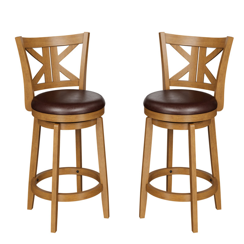  26" Swivel Upholstered Wood Counter Stool with K-shaped Back & Faux Leather Seat (Set of 2), 2