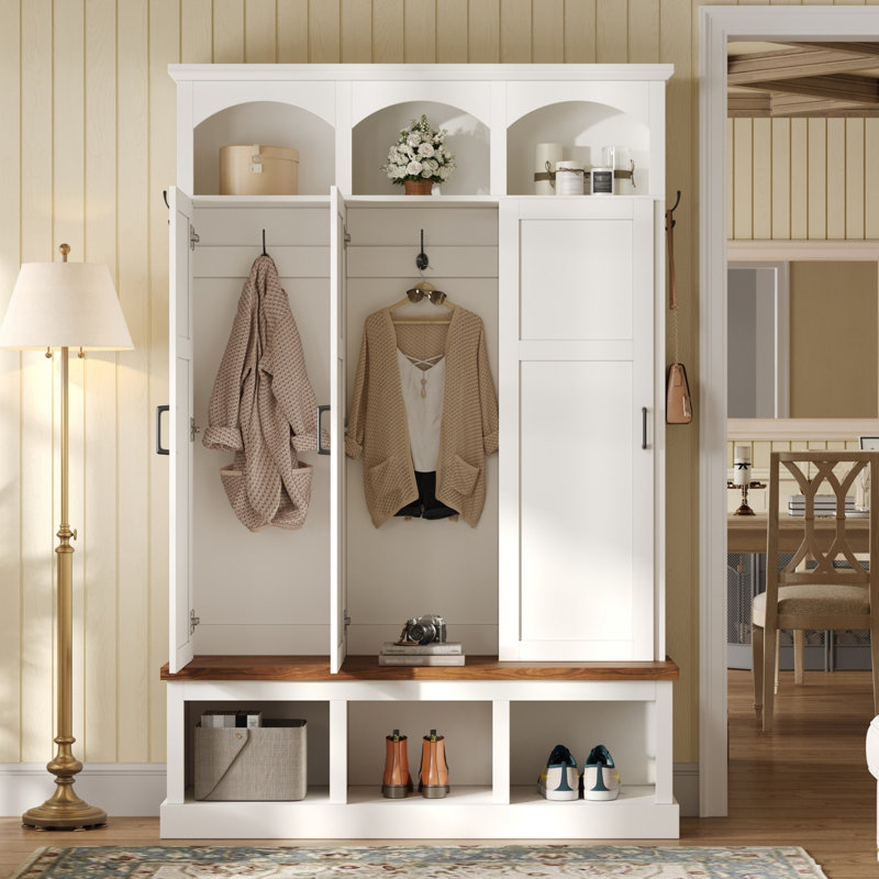 Porte-manteau classique arqué avec banc, mobilier de vestiaire de style campagnard, 3 placards de rangement dissimulés, 5 crochets, blanc