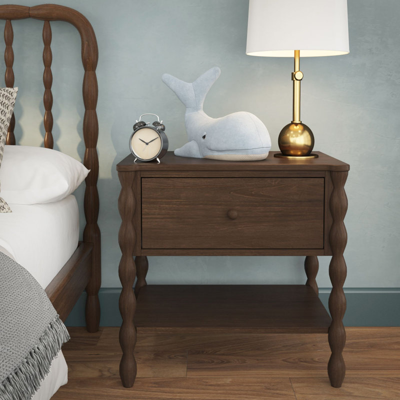 Jenny Lind Nightstand with 1 Drawer and Bottom Shelf, Walnut, Brown