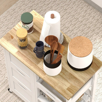 Rolling Kitchen Island Cart, Bar Serving Cart with Drawers, White
