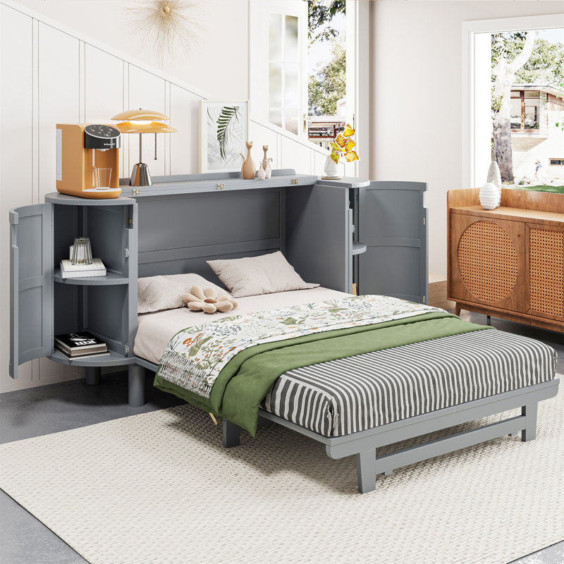  Lit escamotable de conception moderne tissé avec armoires de rangement latérales intégrées, Double, Gris