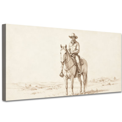 Art mural rétro vintage Cowboy, paysage neutre du Sud-Ouest, peinture sur toile pour salon, chambre à coucher, ferme rustique, œuvre d'art prête à accrocher 30 x 60 pouces