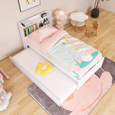 Wood Frame Twin Size Bed With Trundle,Bookcase