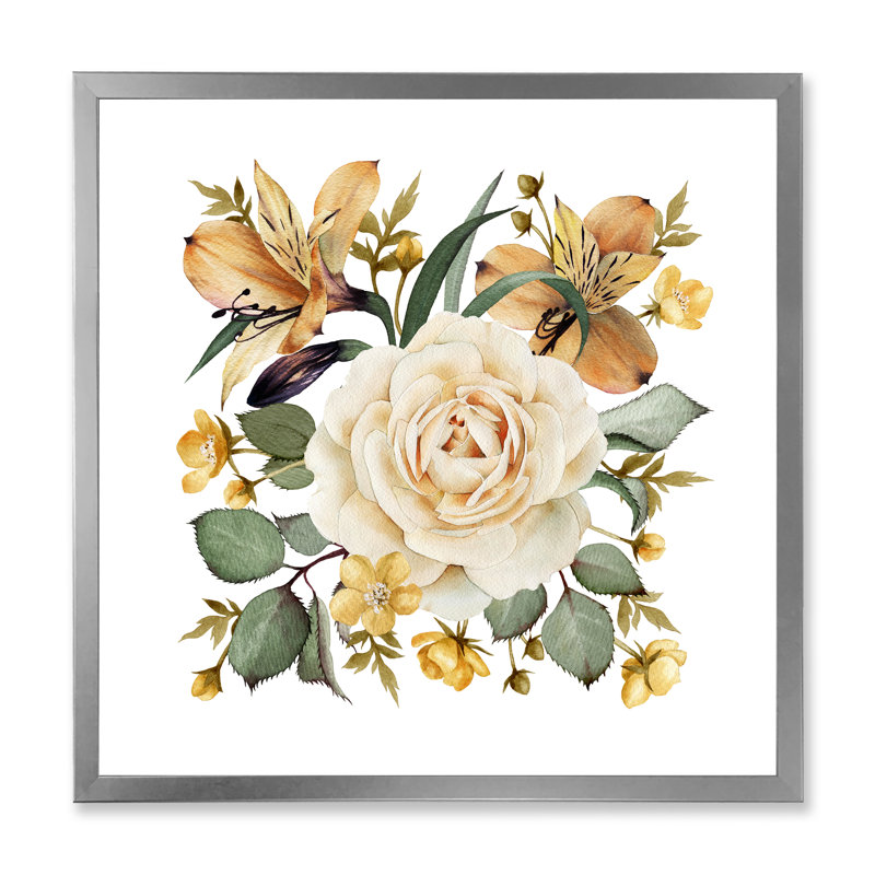 Rose blanche rétro - peinture sur toile, H 36 po x l 36 po x 1,5 po, Cadre photo argenté