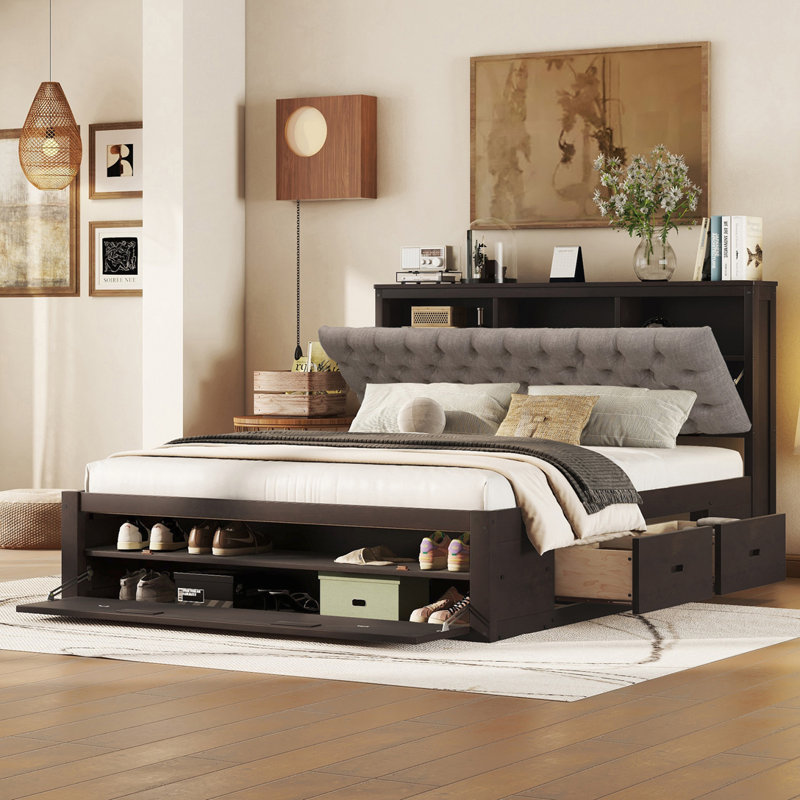 Platform Bed with Storage Headboard, shoe rack and 4 drawers, Espresso