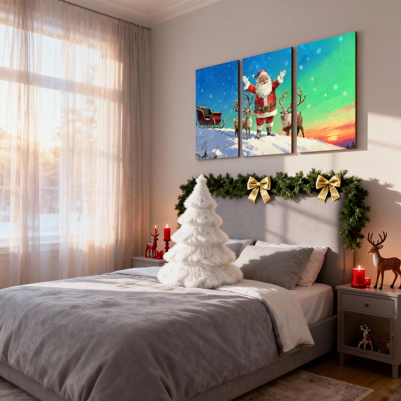 Noël, père Noël, renne, traîneau, paysage enneigé, coucher de soleil, ensemble de 3 impressions sur toile, H 30 po x l 60 po