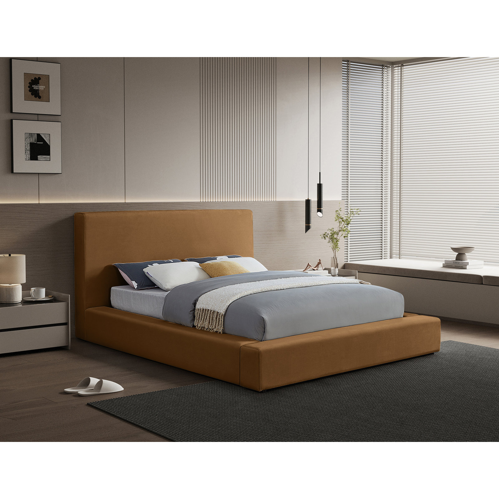 Ishia Upholstered Platform Bed, Full, Saddle Velvet