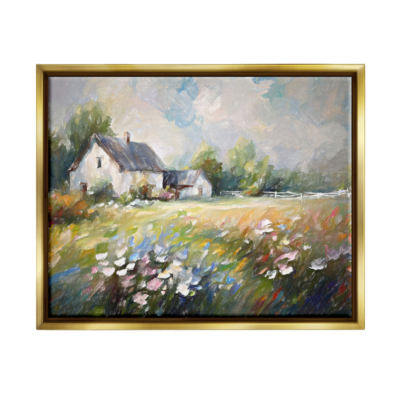 "Windblown Flowers Farmhouse" par Ramona Murdock, reproduction sur toile encadrée, Cadre flottant métallique doré