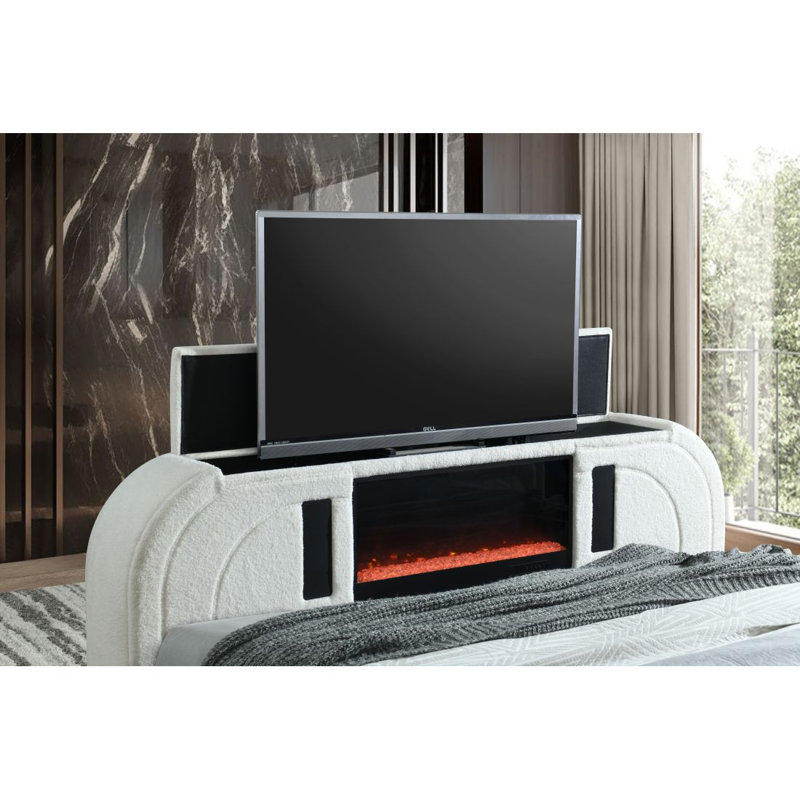 Lit Sherpa et Valli Shelyn Teddy avec meuble télé, foyer et Bluetooth, Grand lit, Blanc