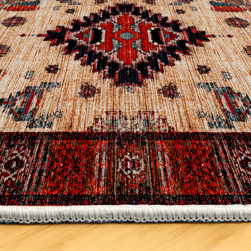 Strawbridge Burgundy Beige Moroccan Machine Printed Cotton Polyester Area Rug, Runner 3'4" x 9'11"