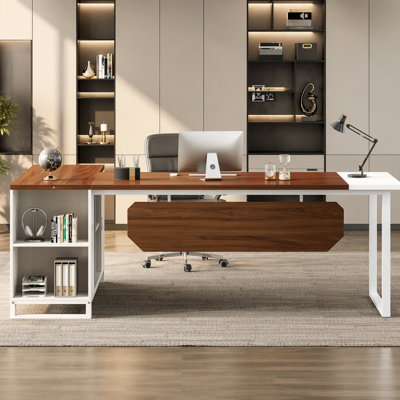 70.8-Inch Executive Desk with 55-Inch File Cabinet, Large L Shaped Computer Desk with Storage Cabinet and Shelves, Modern L-Shaped Desk for Home Offic