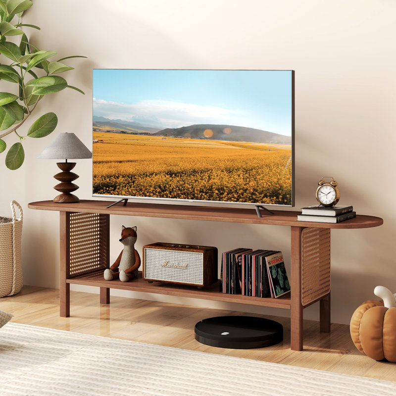 140cm Solid Bamboo & Rattan TV Unit, Double-Layer Open Storage  Fits TVs up to 65", Dark Brown Wood